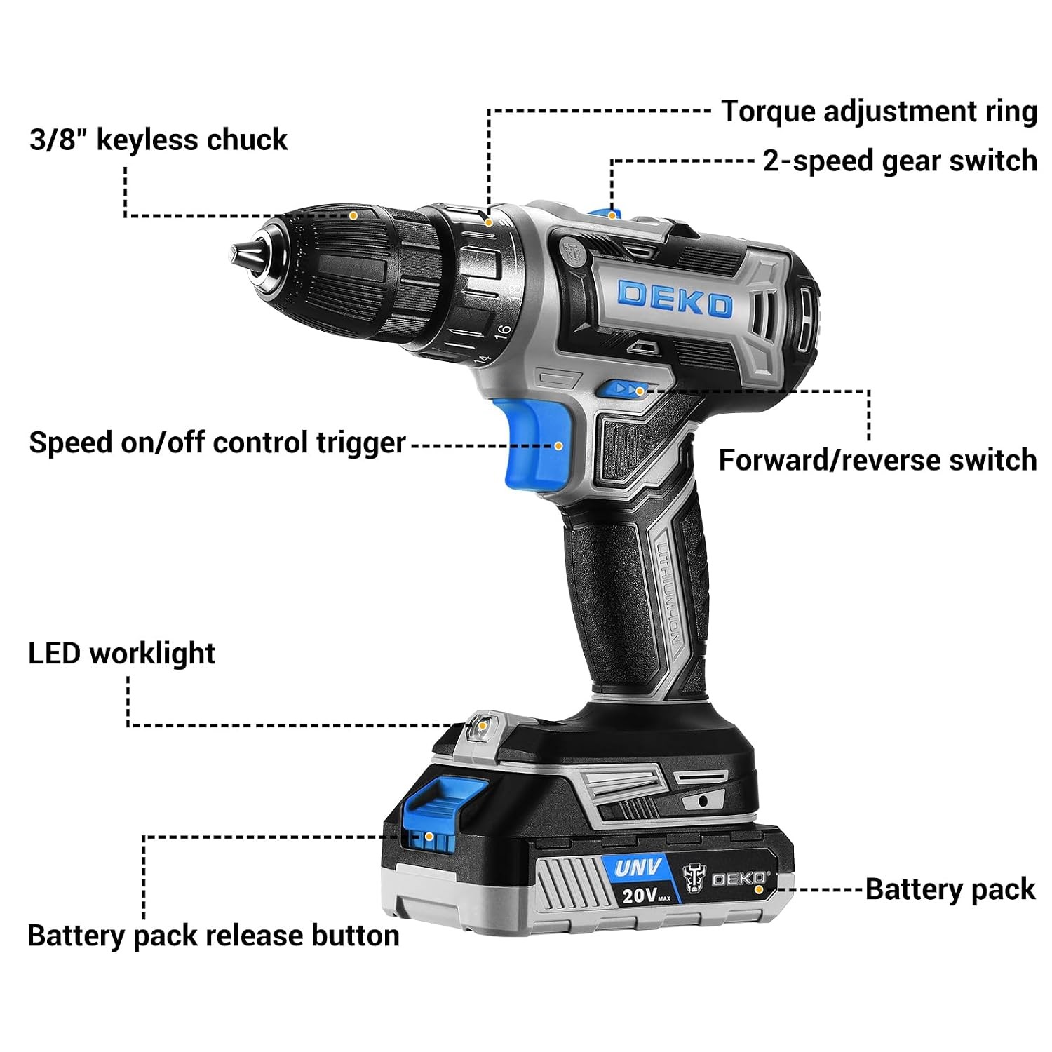 Power Drill Cordless: DEKO PRO Cordless Drill 20V Electric Power Drill Set Tool