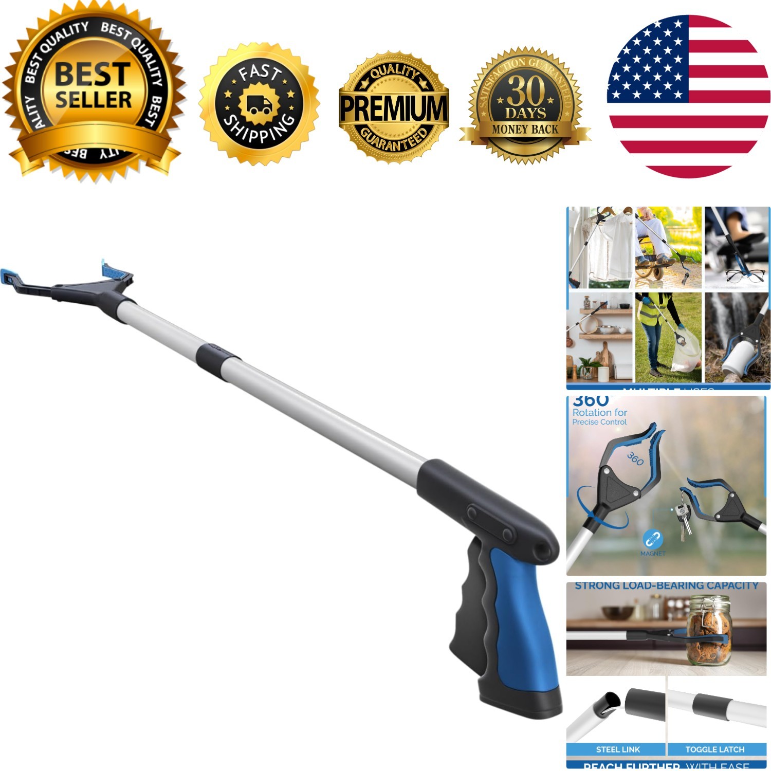 2024 PowerGrip T9 Foldable Grabber Reacher Tool - 32" with Magnet and Wide Jaw