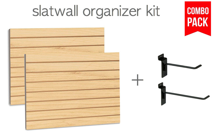 Maple Slatwall Panels Organizer Kit (2) 24" x 48" Panels+ 30 Hooks 2" & 4"-15 ea