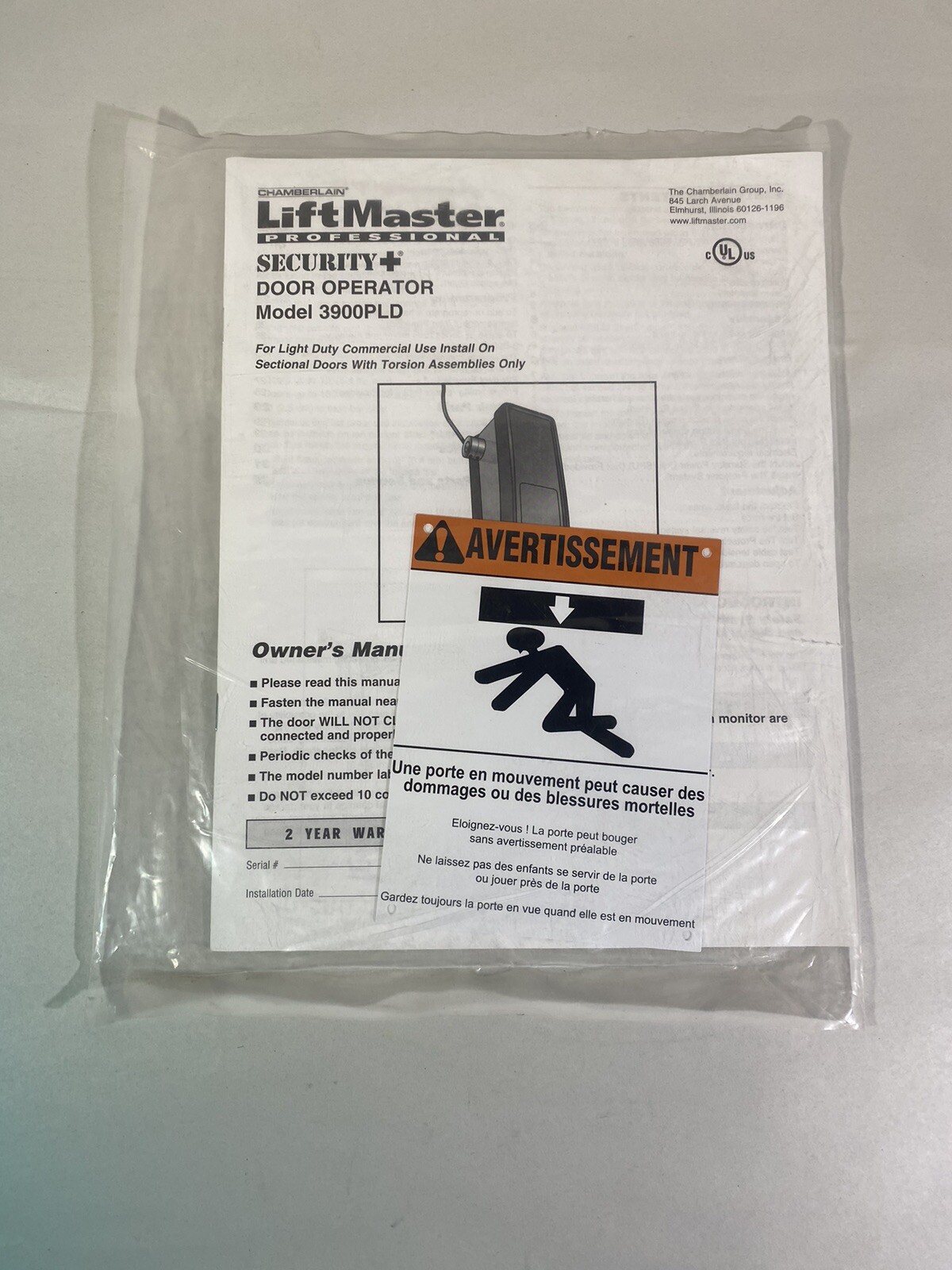 Lift-Master Garage Door Operator Model 3900PLD Owners Manual 2010 114A3593B