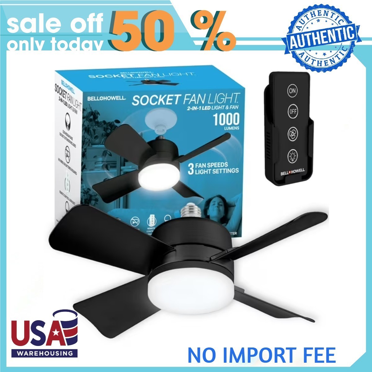 Bell+Howell Socket Breeze Deluxe, Small Ceiling Fan with LED Light and Remote