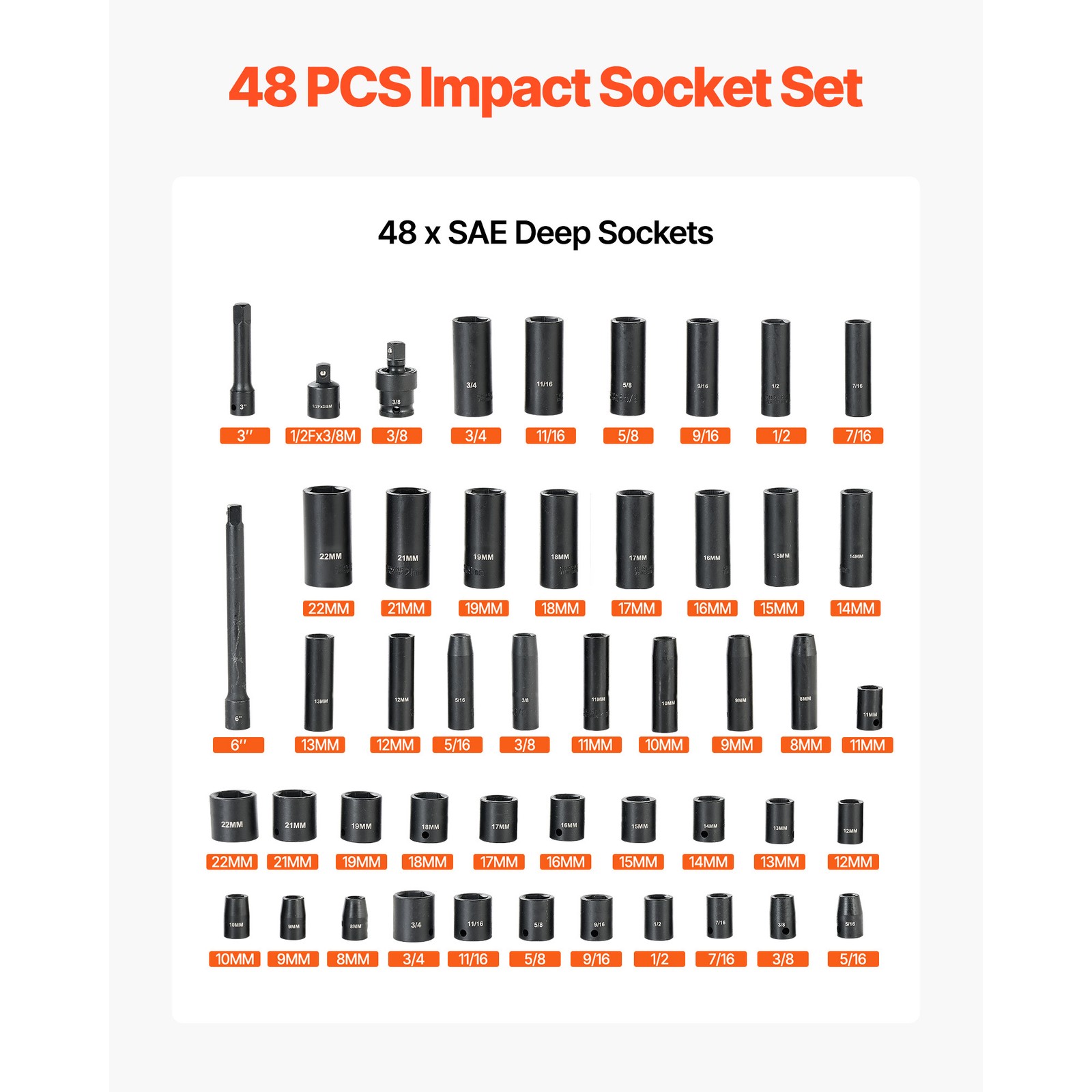 Impact Socket Set, 3/8" Drive, 48-Piece Socket Set, 6-Point Sockets