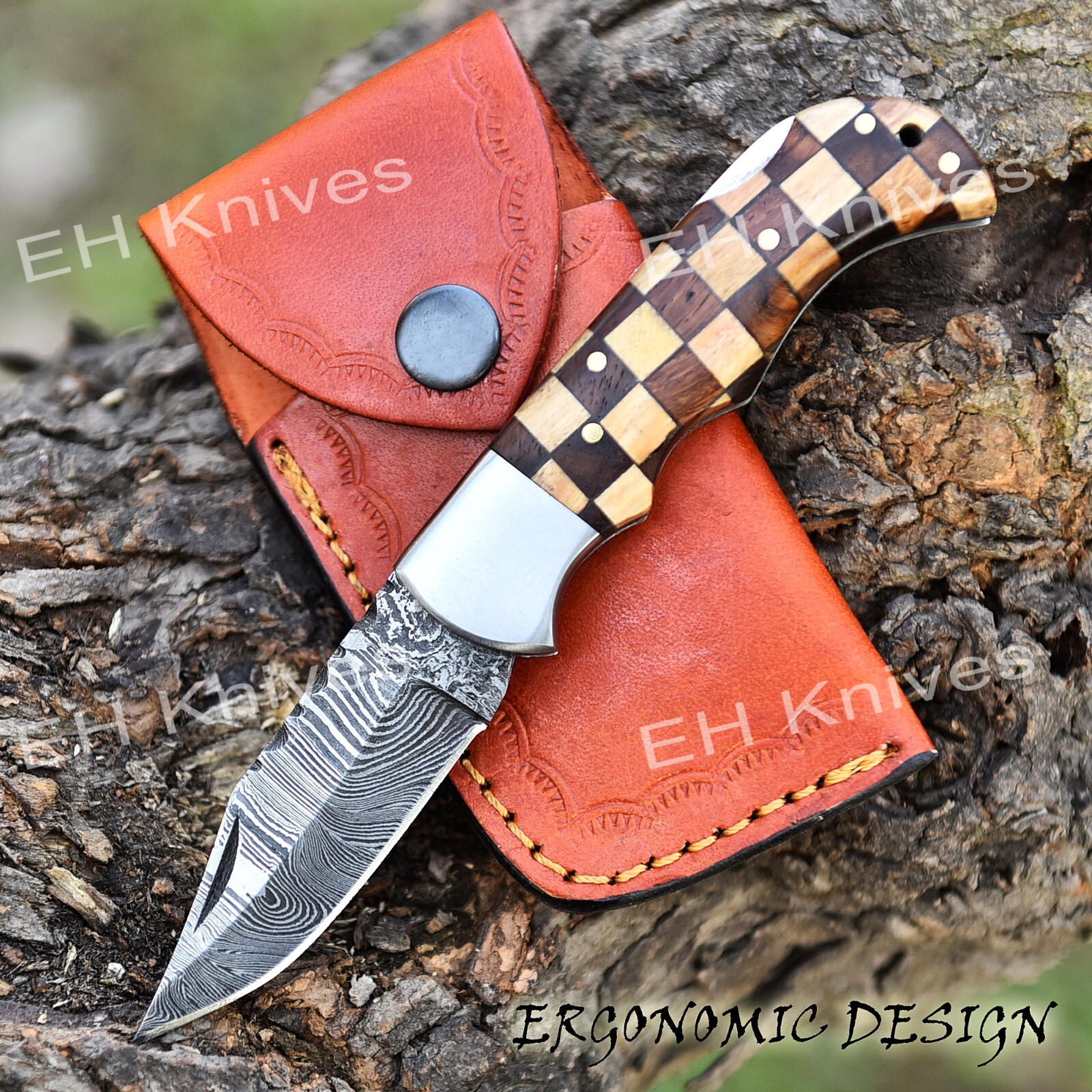 CUSTOM HANDMADE FORGED DAMASCUS STEEL FOLDING POCKET CAMPING KNIFE W/SHEATH 4496