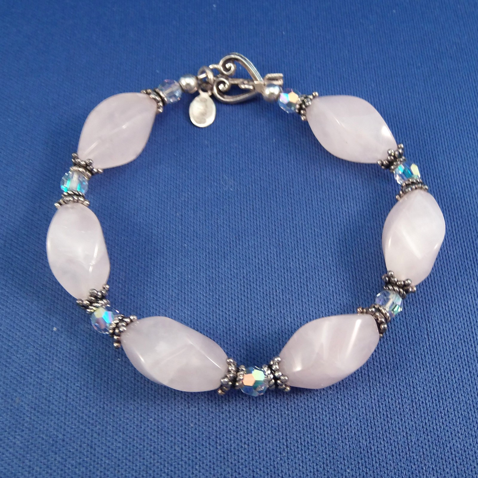 Vtg SaLo Signed Sterling Silver & Rose Quartz Beaded Bracelet Aurora Borealis AB