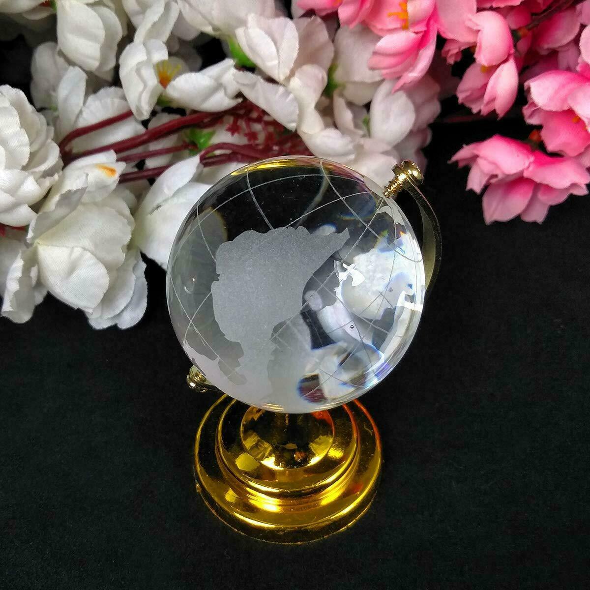 Mini Round Clear Crystal Glass Frosted World Globe Silver Stand Decor Gift