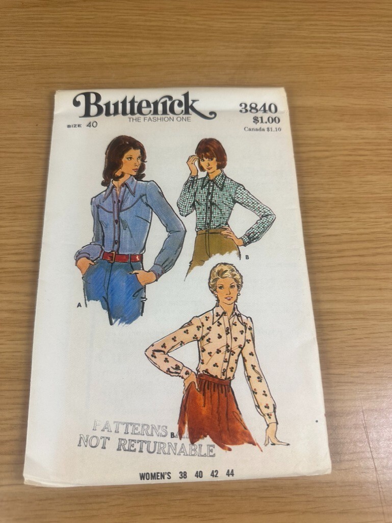 3839 Butterick Misses' Buttoned Shirt Pattern Pointed Collar Long Sleeves Sz 40
