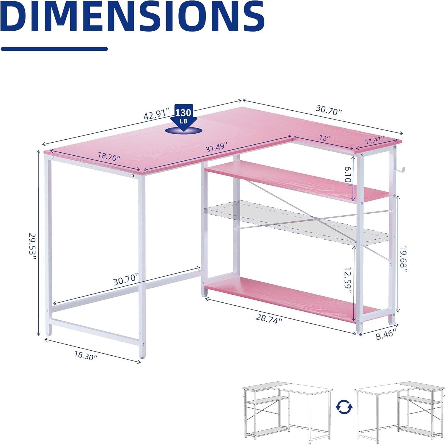 43 Inch L Shaped Computer Desk W/ Reversible Side Storage Shelves Small Corner