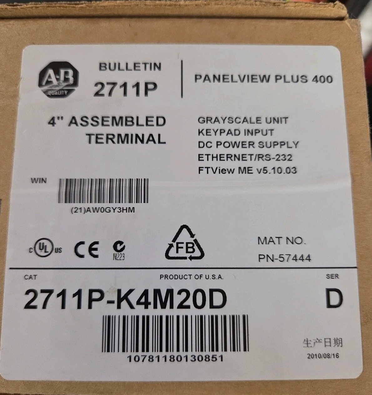 New Allen-Bradley 2711P-K4M20D Panelview Plus 400 Ser. D