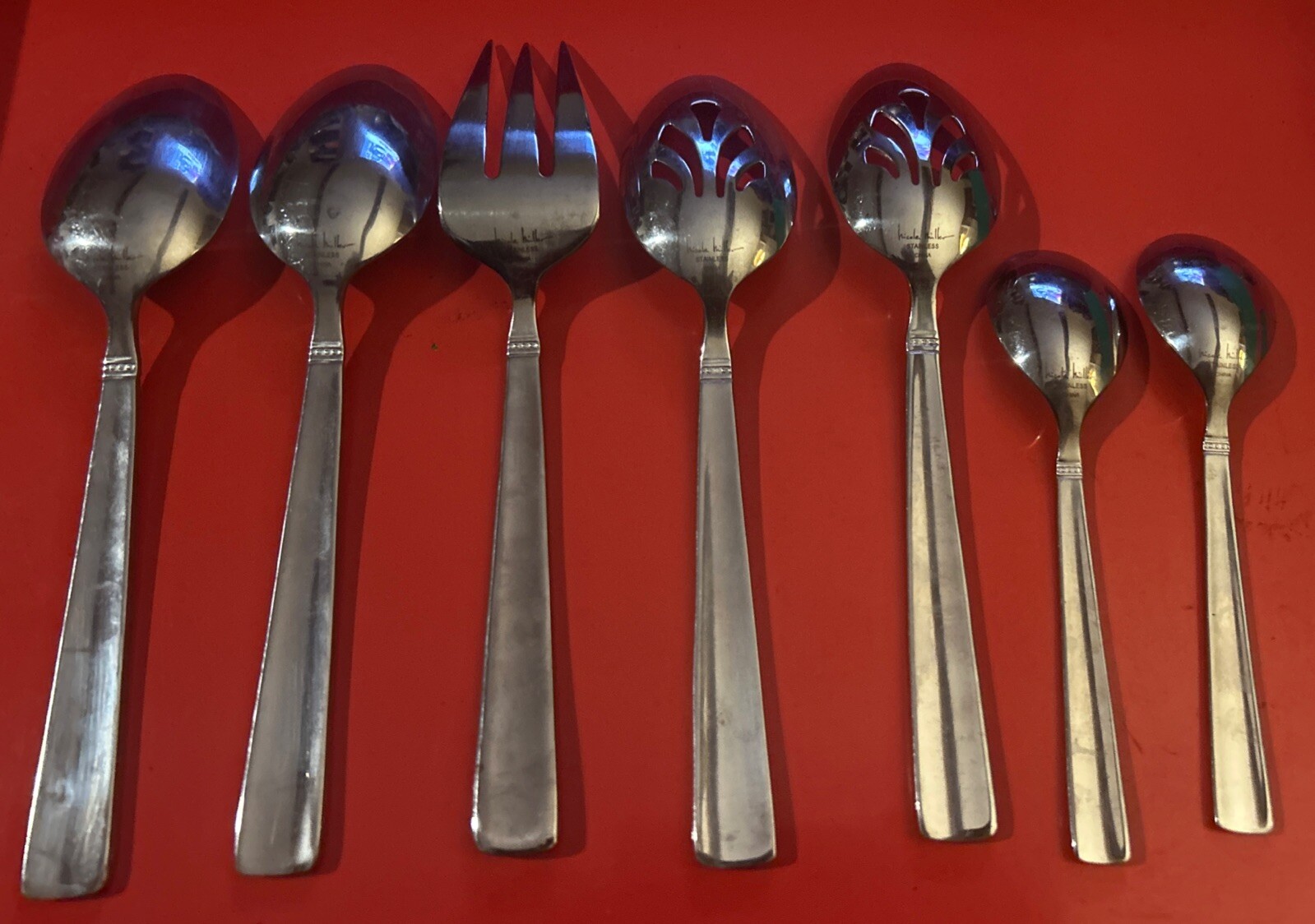 7 Pc Nicole Miller GREEN TEA Stainless Flatware Serving Set