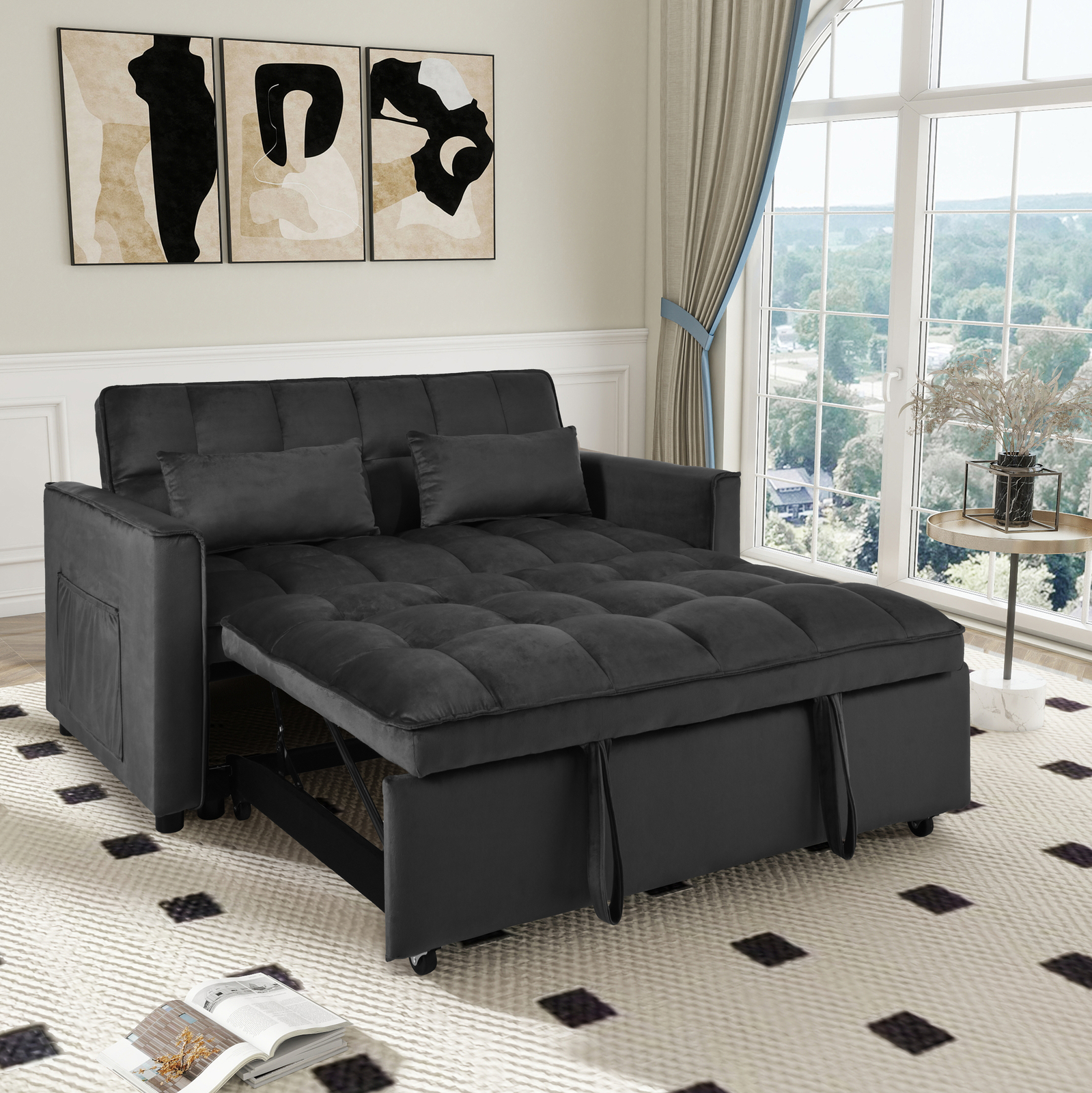 Soft Velvet High Density Foam Sofa Bed Pull Out Couch Bed Metal Frame Wood Legs