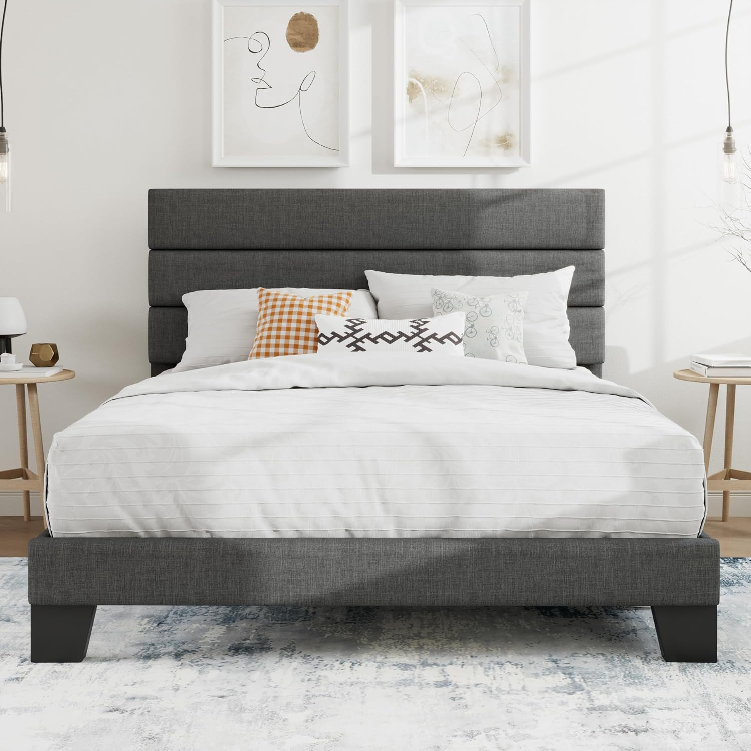 Elegant Grey Queen Platform Bed Frame with Upholstered Headboard & Slats