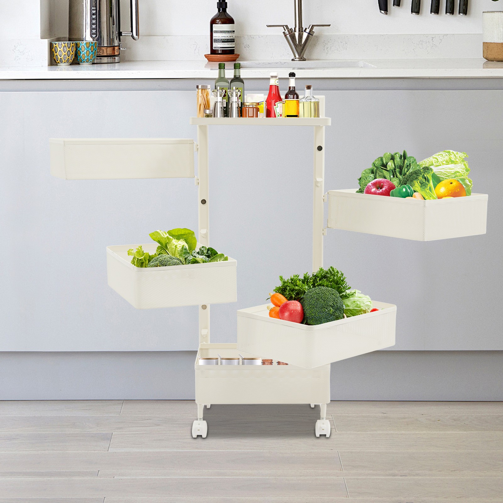 5 Tiers Rotating Storage Rack White Kitchen Storage Cart With Rotating Basket US
