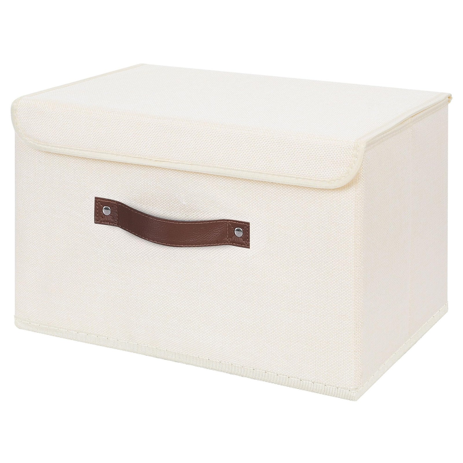Foldable Storage Bin with Lid, PU Leather Handles, Beige, Large