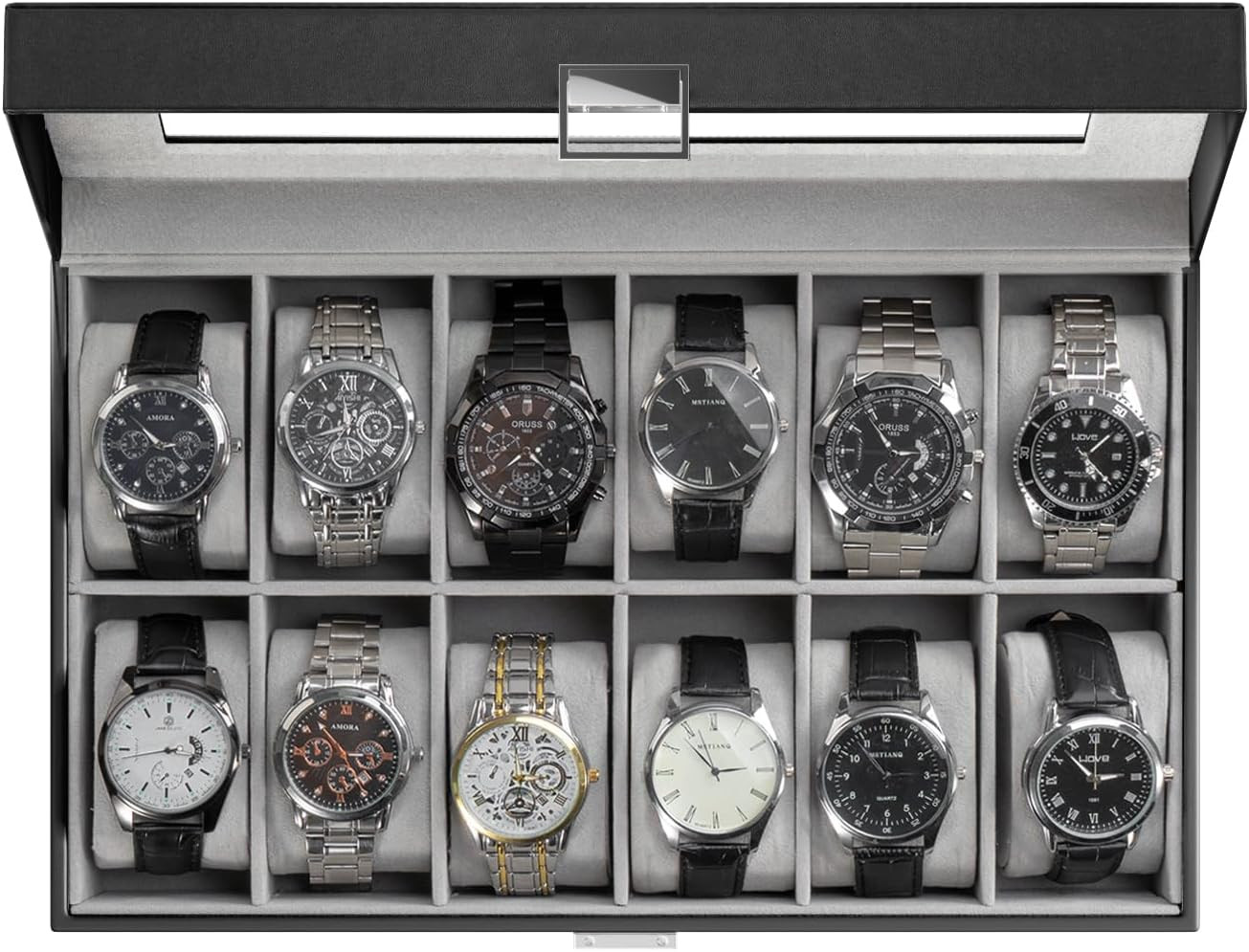Watch Box Organizer,12 Slot Watch Display Case w/ Glass Lid,Watch Storage Holder