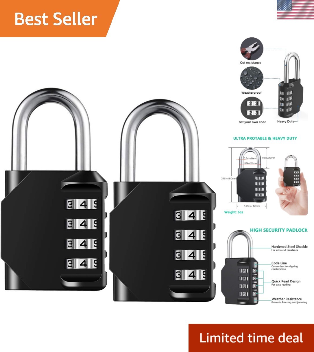 4-Digit Resettable Combo Lock Set: Heavy-Duty, Waterproof & Versatile - 2 Pack