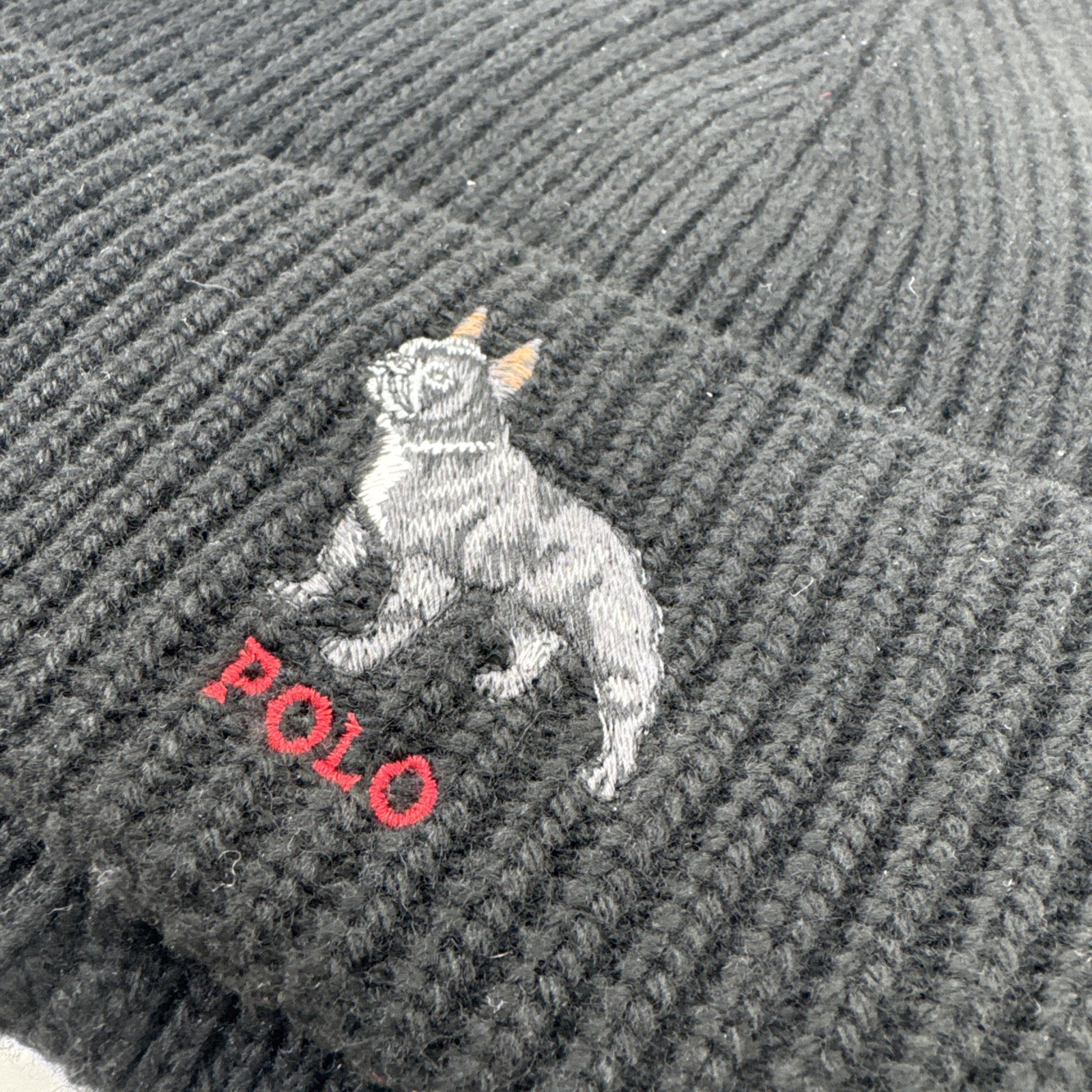 Polo Ralph Lauren French Bulldog Knit Cuff Hat Black Beanie