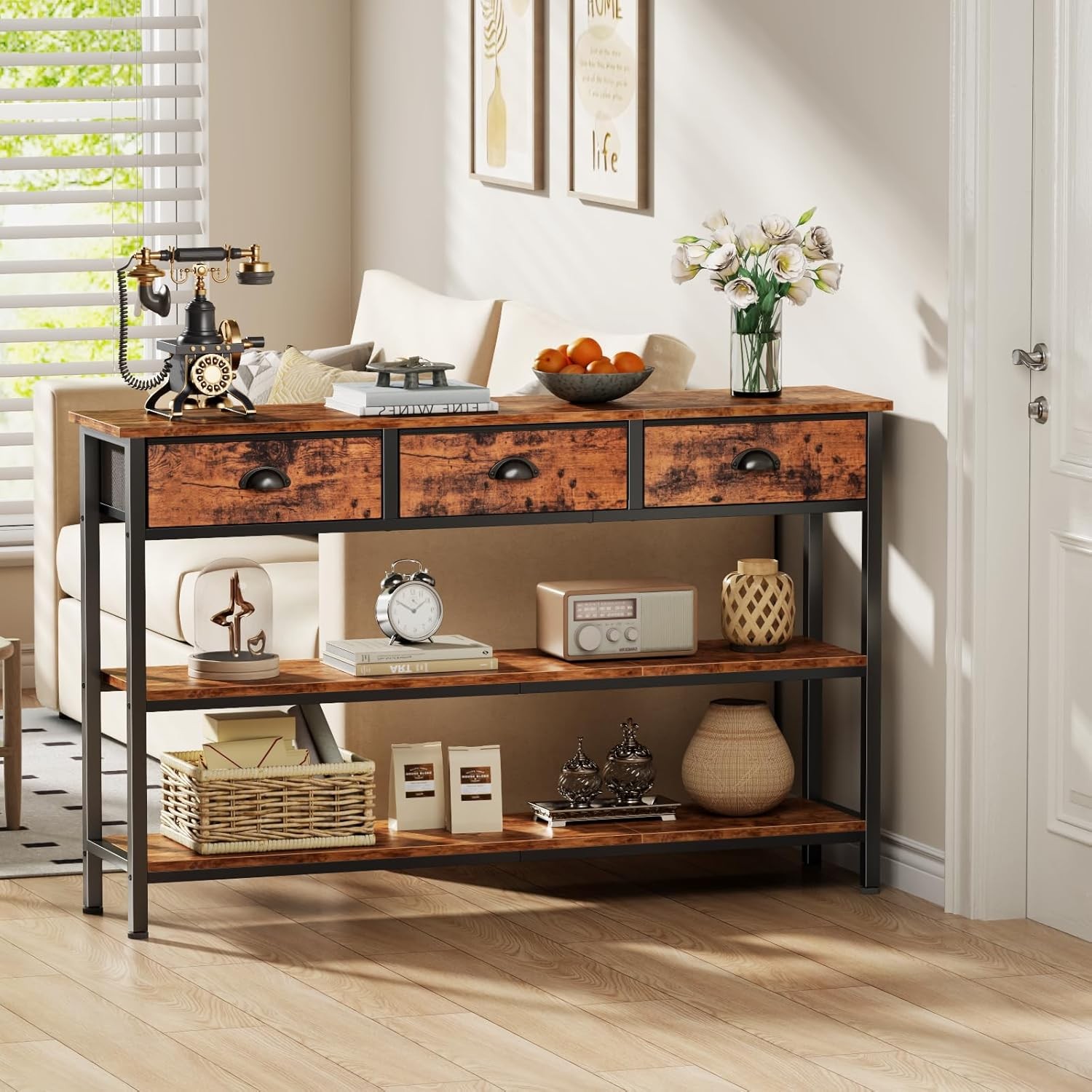 47" Console Sofa Table with 3 Drawers,Entryway Table with 3-Tier Storage Shelves