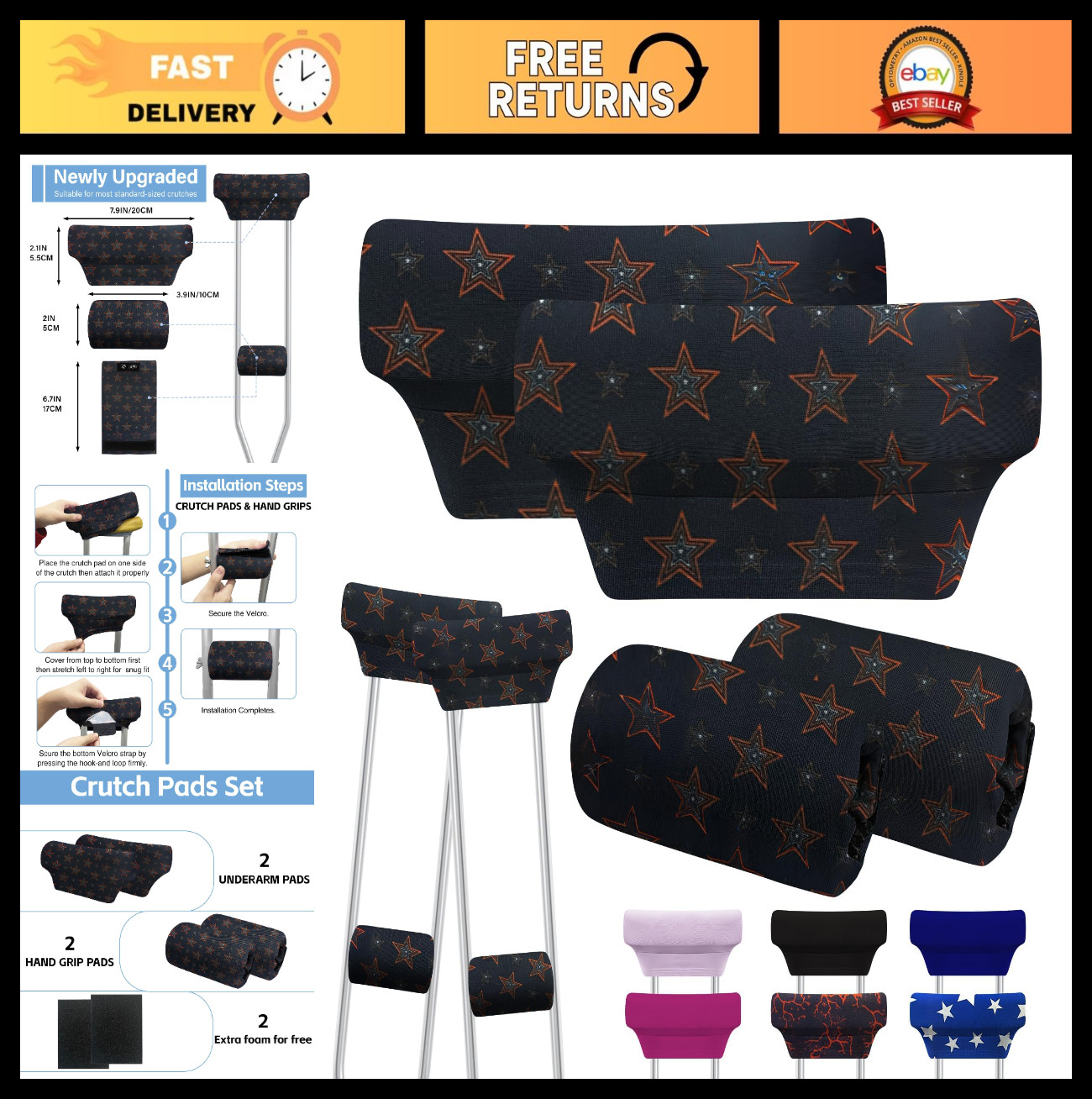 6-Piece Soft Underarm Crutch Padding & Hand Grip Covers, Washable Cushions, Comf
