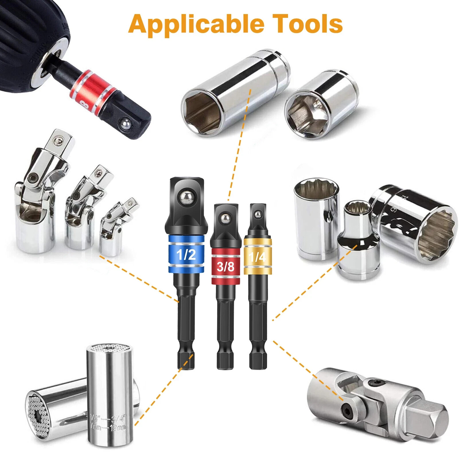 Socket Adapter Impact Hex Shank Drill Bits Set 1/4" 3/8" 1/2" + 105° Right Angle