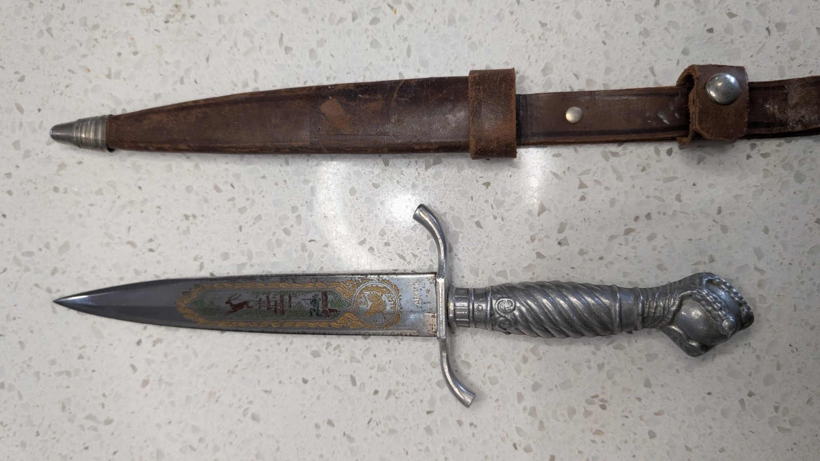 Vintage ARMESO Spanish Hunting Dagger — Etched Blade Hunting Scene, Lion Head Po