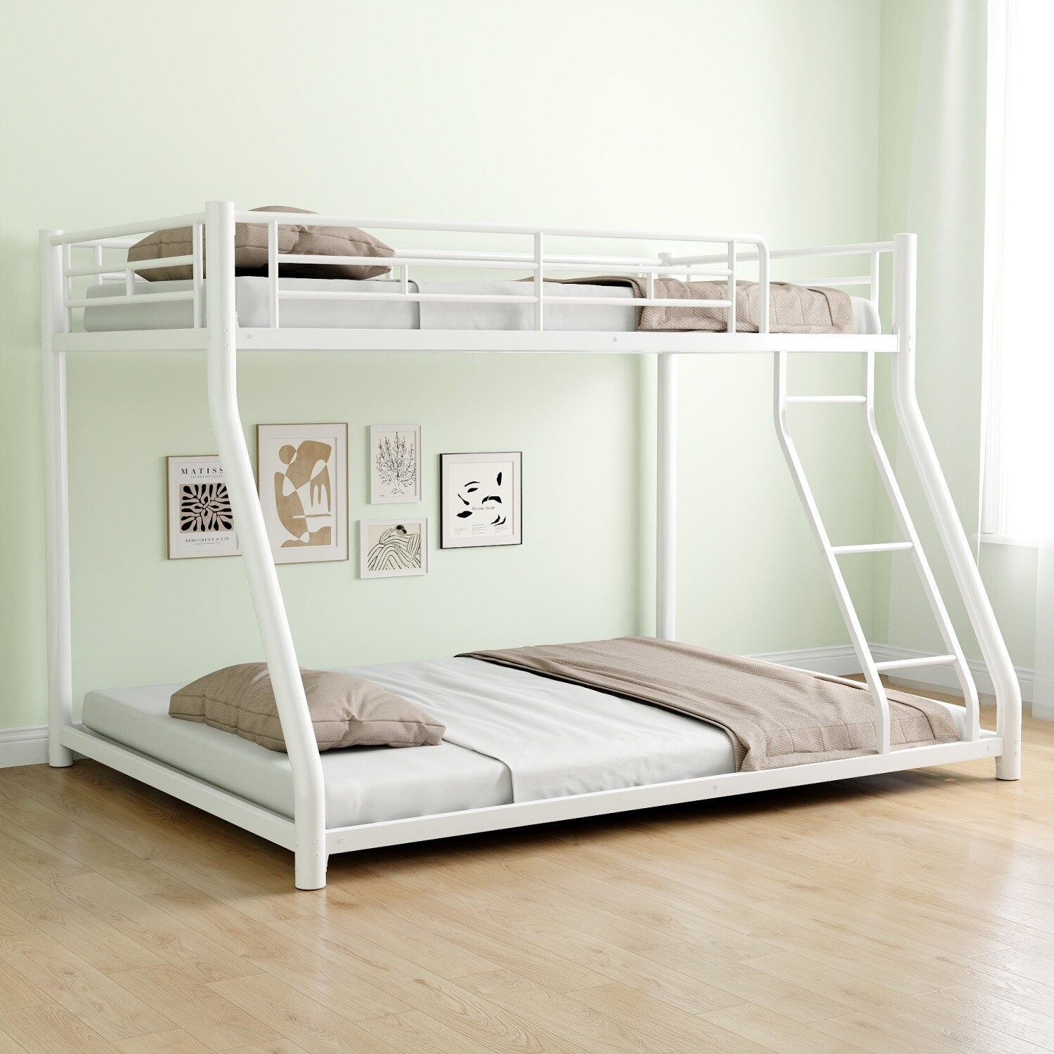 Twin Over Full Bunk Bed Heavy Duty Metal Bunk Bed Frame w/ Ladder and Guardrails