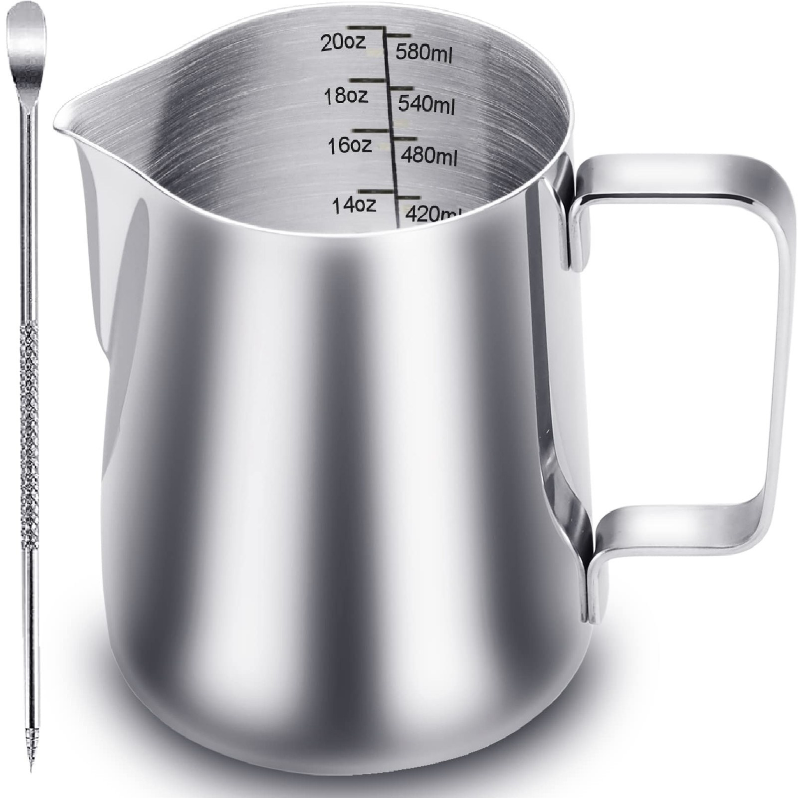 Milk Frothing Pitcher 20 oz, Stainless Steel Espresso Steaming Pitcher with D...