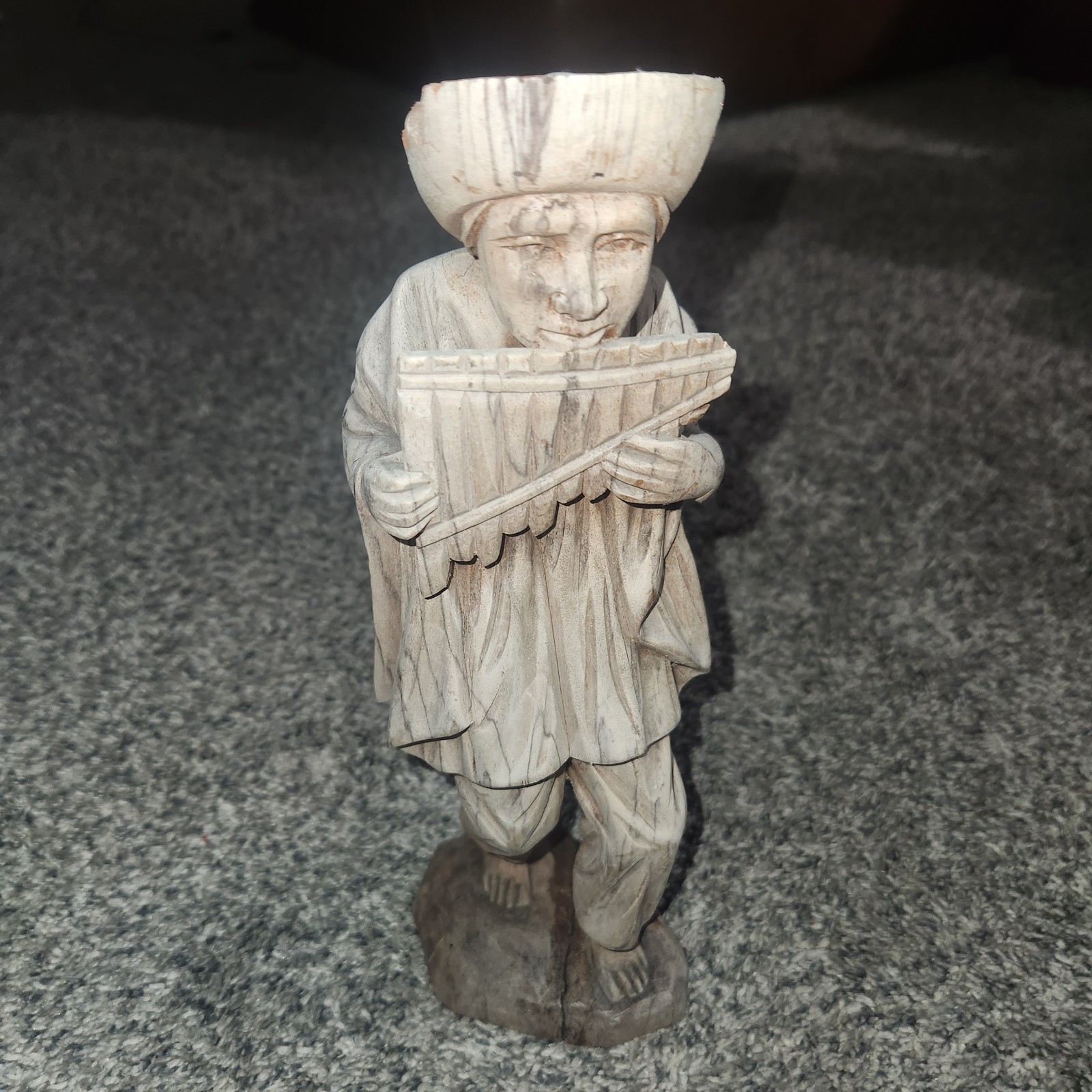 Detailed Wood Carved South America Flute Player Figure 11.5" Tall Hat Chipped