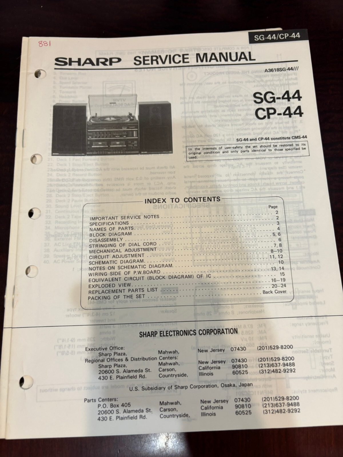 ORIG. SHARP SG-44 CP-44 SG44 CP44 Repair & Service Manual *ORIGINAL**