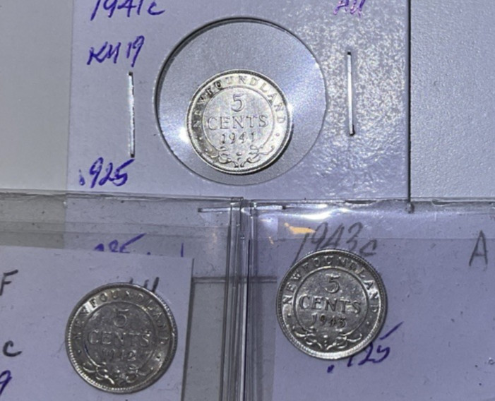 3 NEWFOUNDLAND 5c .925 SILVER.  1941, 42 & 43c AU.   Actual Coins. FREE SHIPPING