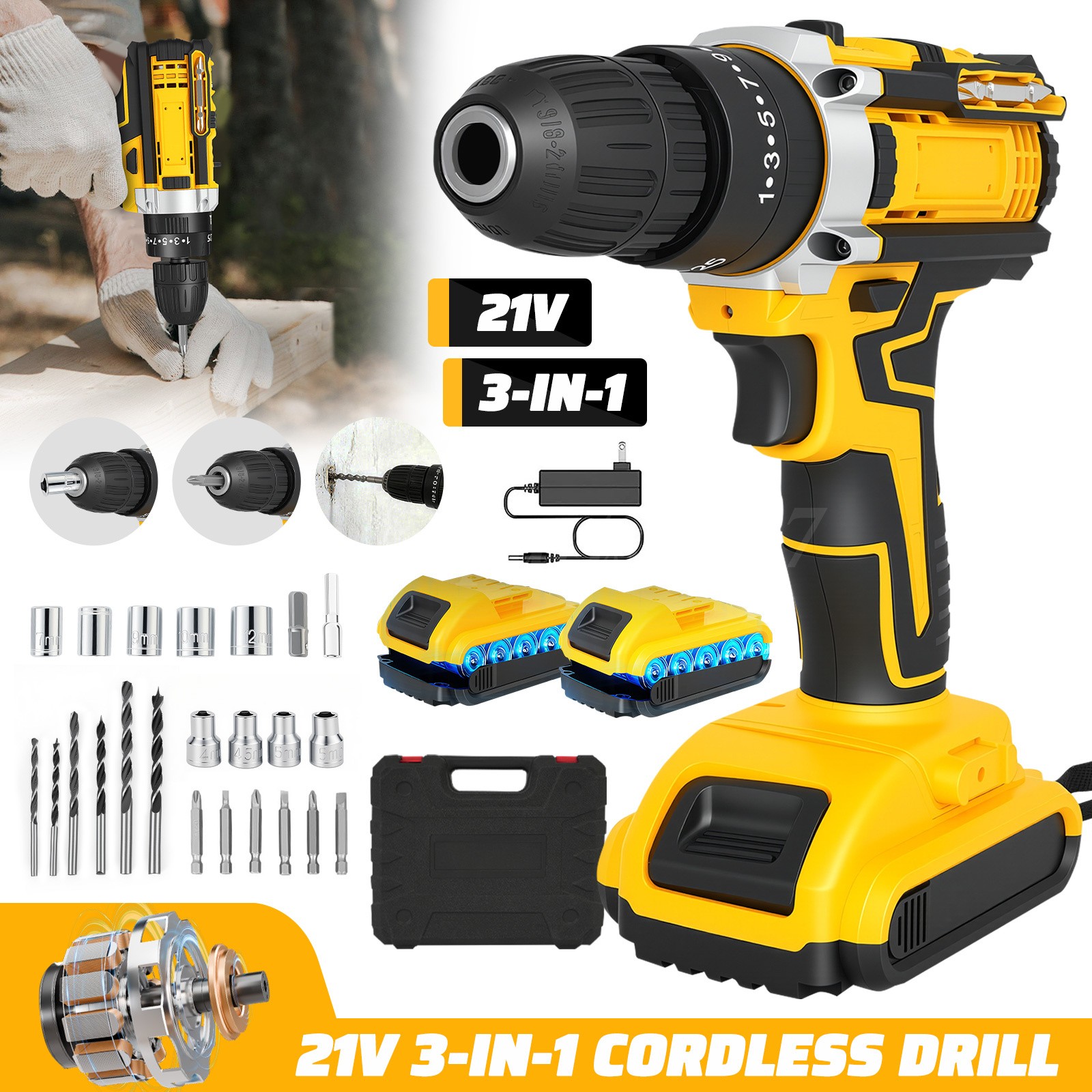 21V Cordless Impact Drill 3-in-1 Brushless Hammer Drill Combo Kit with 2 Battery