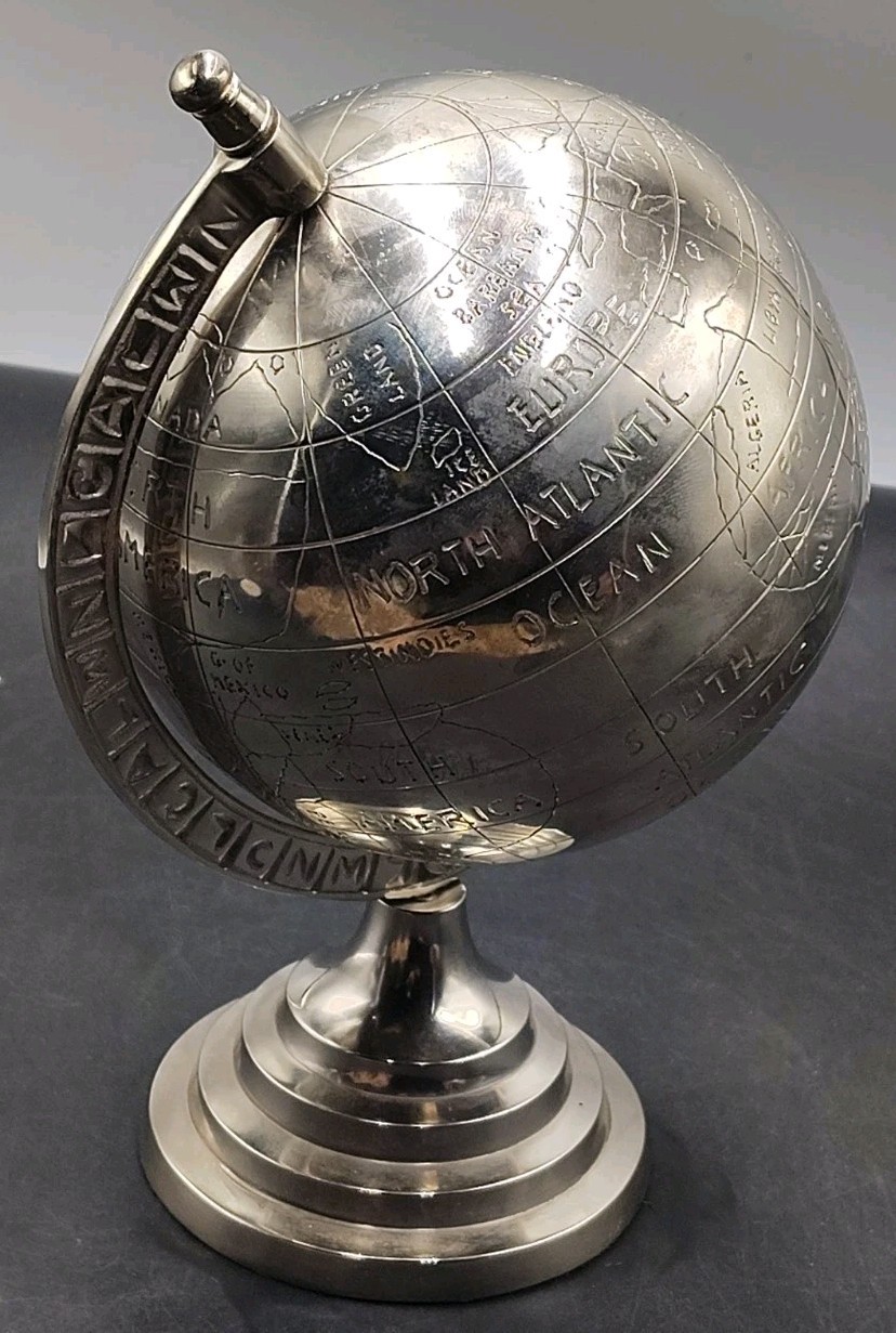 Heavy Polished Metal Desktop World Globe India Etched Map Base Decorative 10"