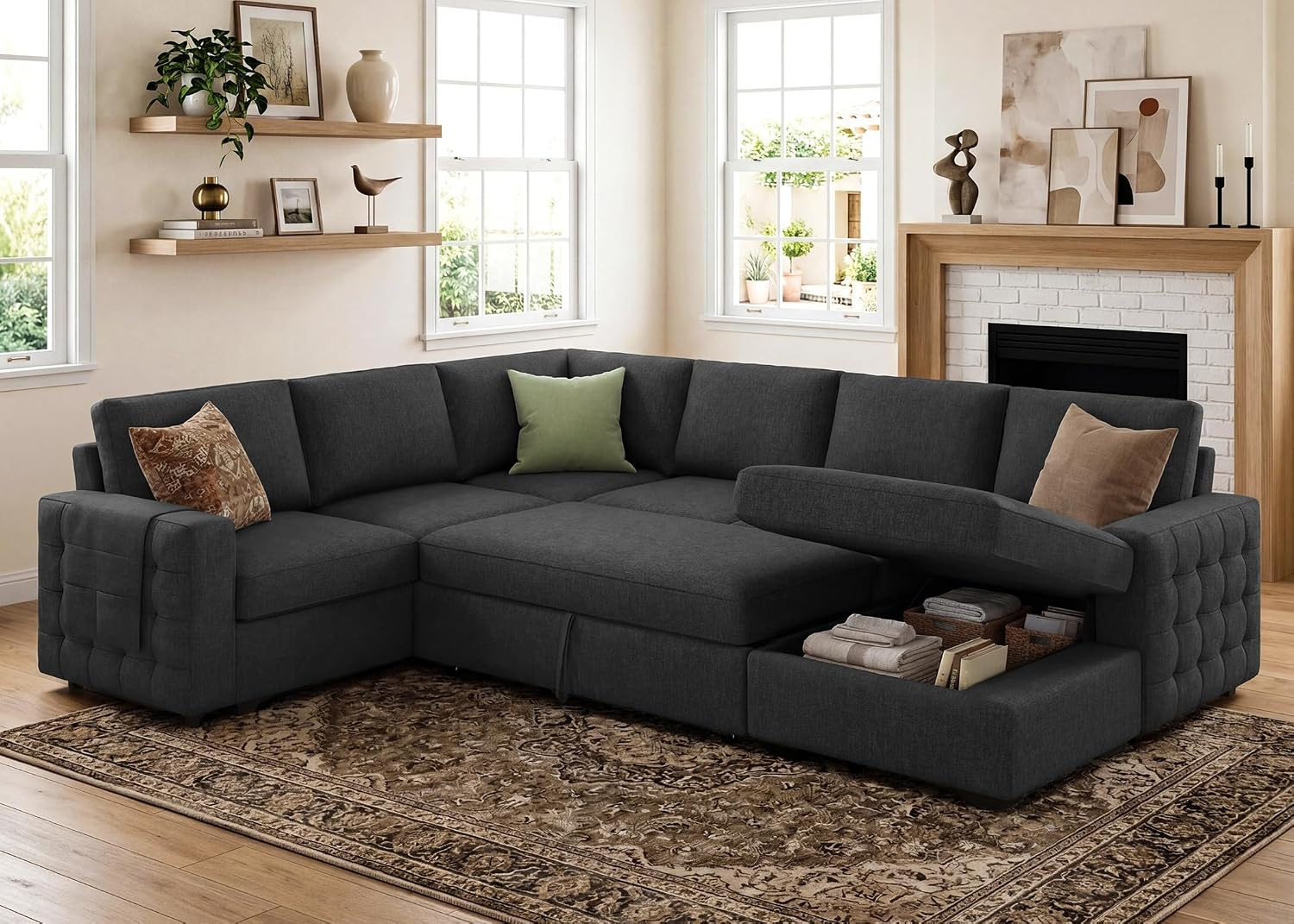 Sectional Sleeper Sofa with Pull-Out Bed Storage Chaise, 6 Seater Couch for Livi