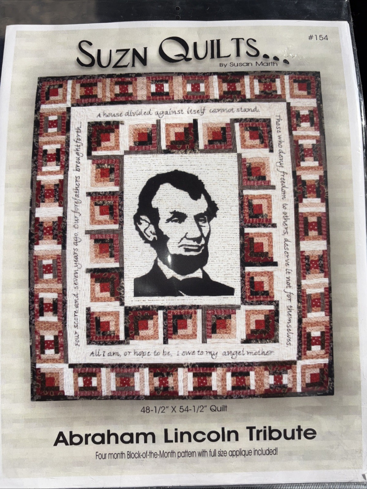 Abraham Lincoln Tribute Suzn Quilts 154 Quilted Wall Hanging Pattern 48.5x54.5"