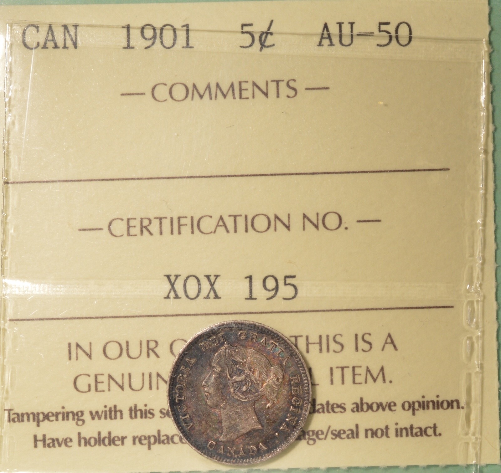 1901 Canada Silver  5 Cent - ICCS AU-50 -  Serial # X0X 195