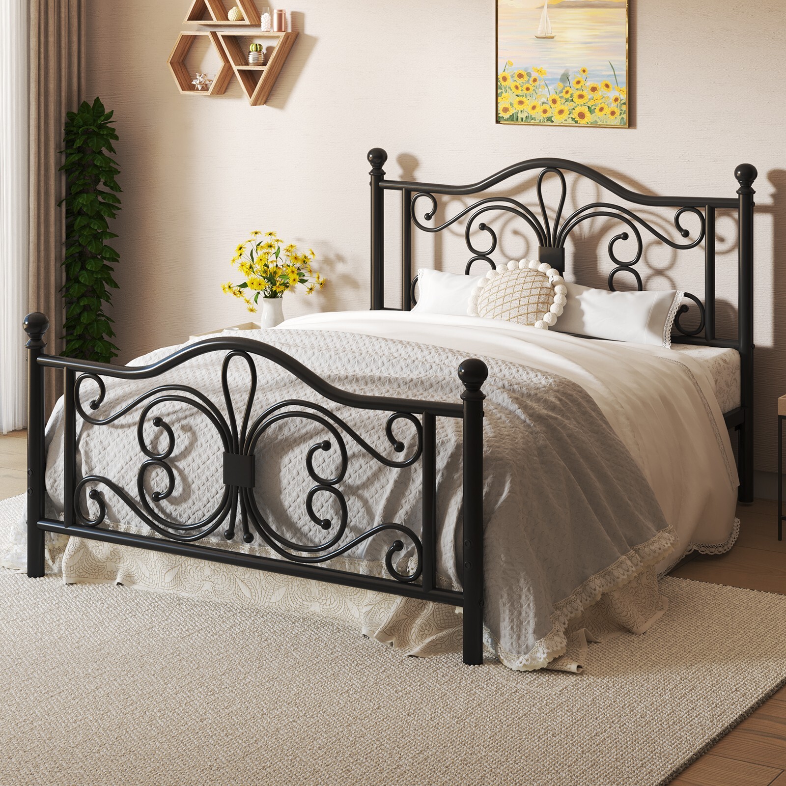 Queen Size Bed Frame with Butterfly Pattern Design Strong Metal Slats Support