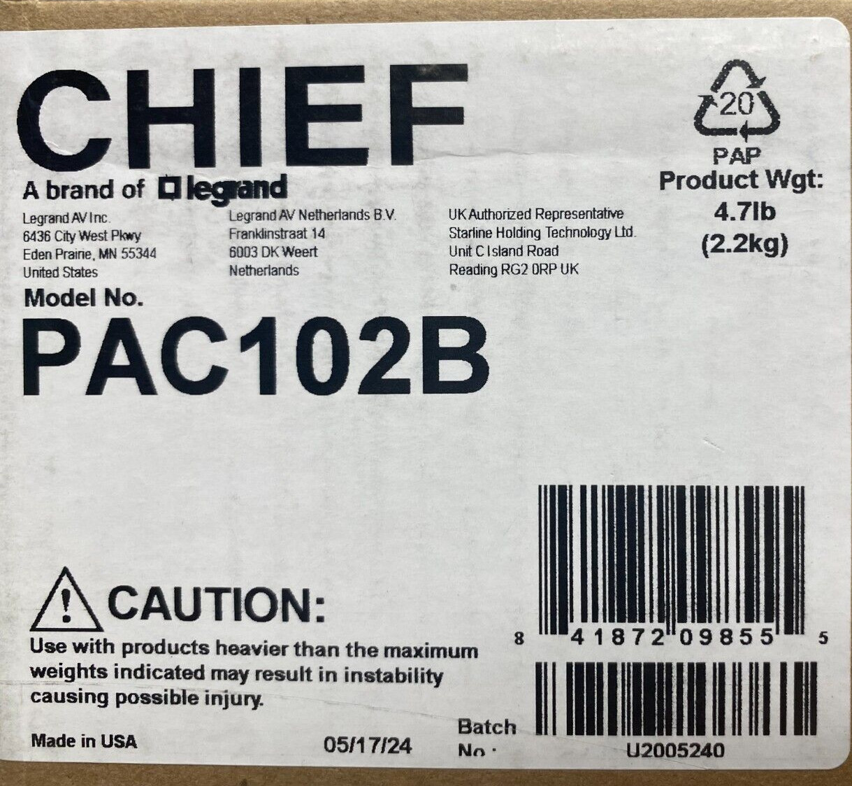Chief PAC102B Accessory Shelf