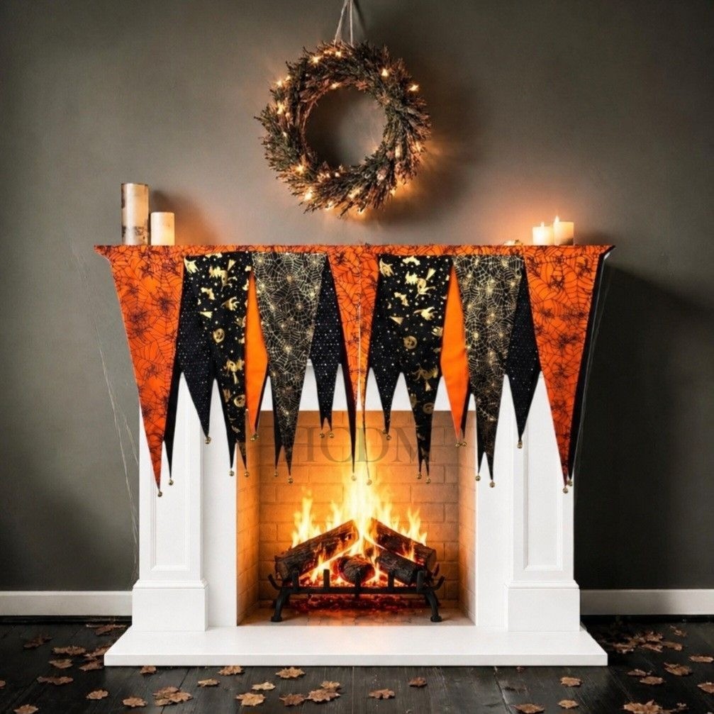 Grandin Road Halloween Mantel Scarf Pennant Banner Bells Tassels Spider Web