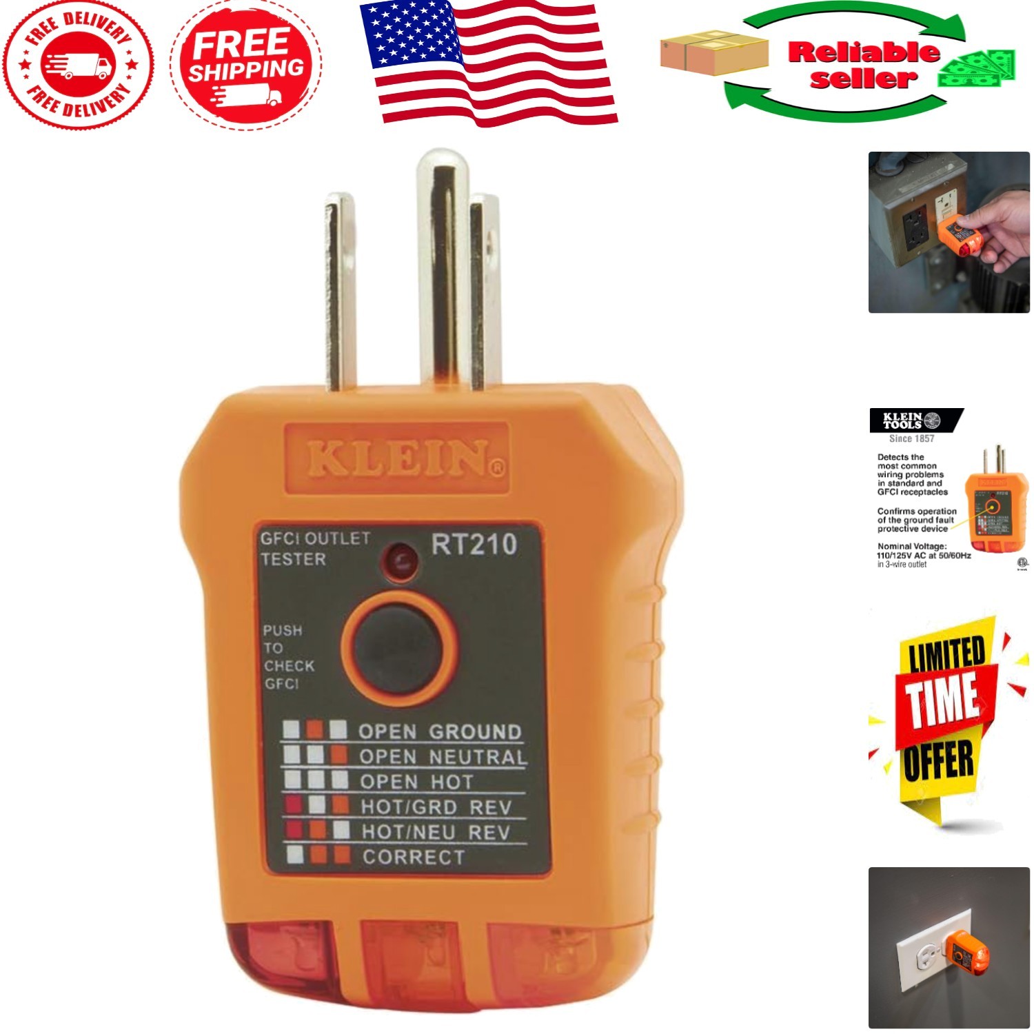 Professional GFCI Receptacle Tester - Reliable Wiring Issue Detection by Klein