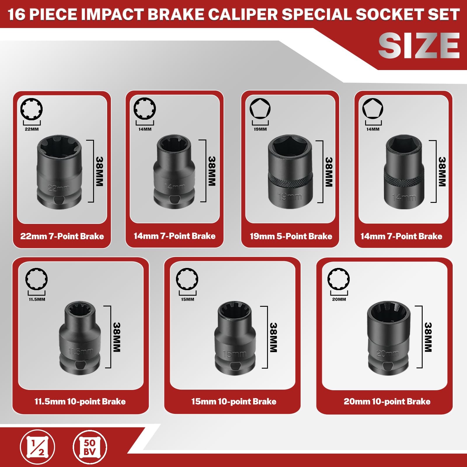 BILITOOLS 16 PCS Impact Brake Caliper Socket Set, 1/2" One Size, Black