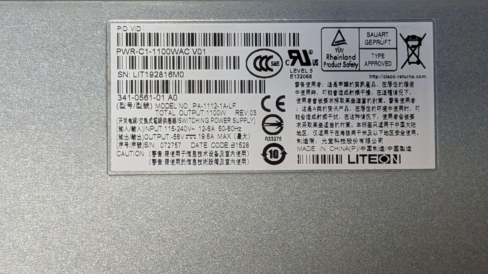 Cisco PWR-C1-1100WAC PSU 1100W 1U Power Supply for Cisco C3850 | C9300 Switch
