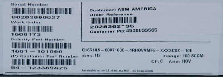 NEW Celerity/Unit UFC-1661 H2 100sccm Mass Flow Controller, ASM PN: 54-123389A25