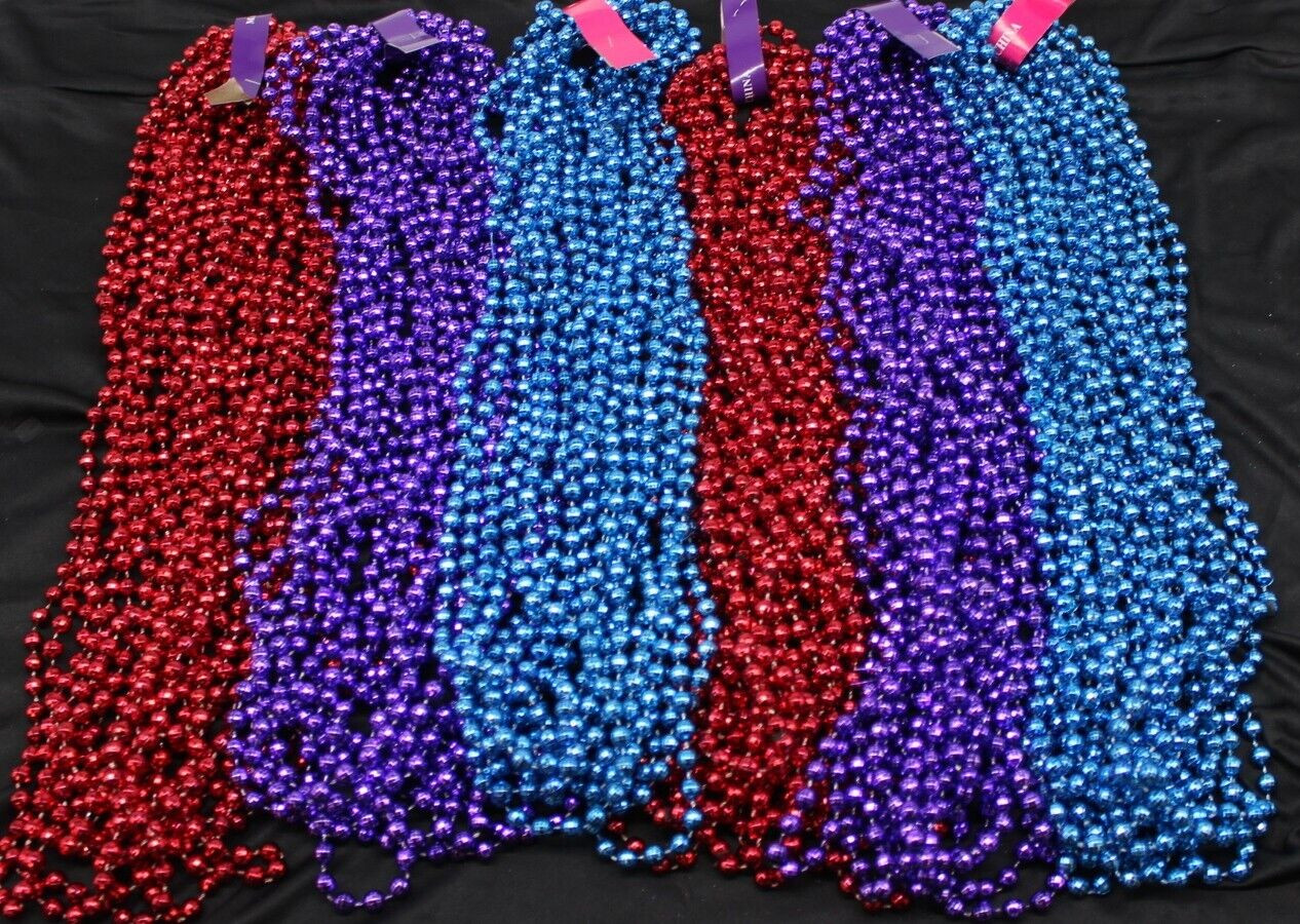Mardi Gras Beads 6 Dz Red Purple and Royal Blue Disco Throw Bead 72 Necklaces