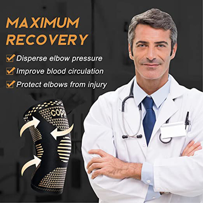 2x Copper Elbow Brace Compression Sleeves for Pain Relief Men Women Arm Support