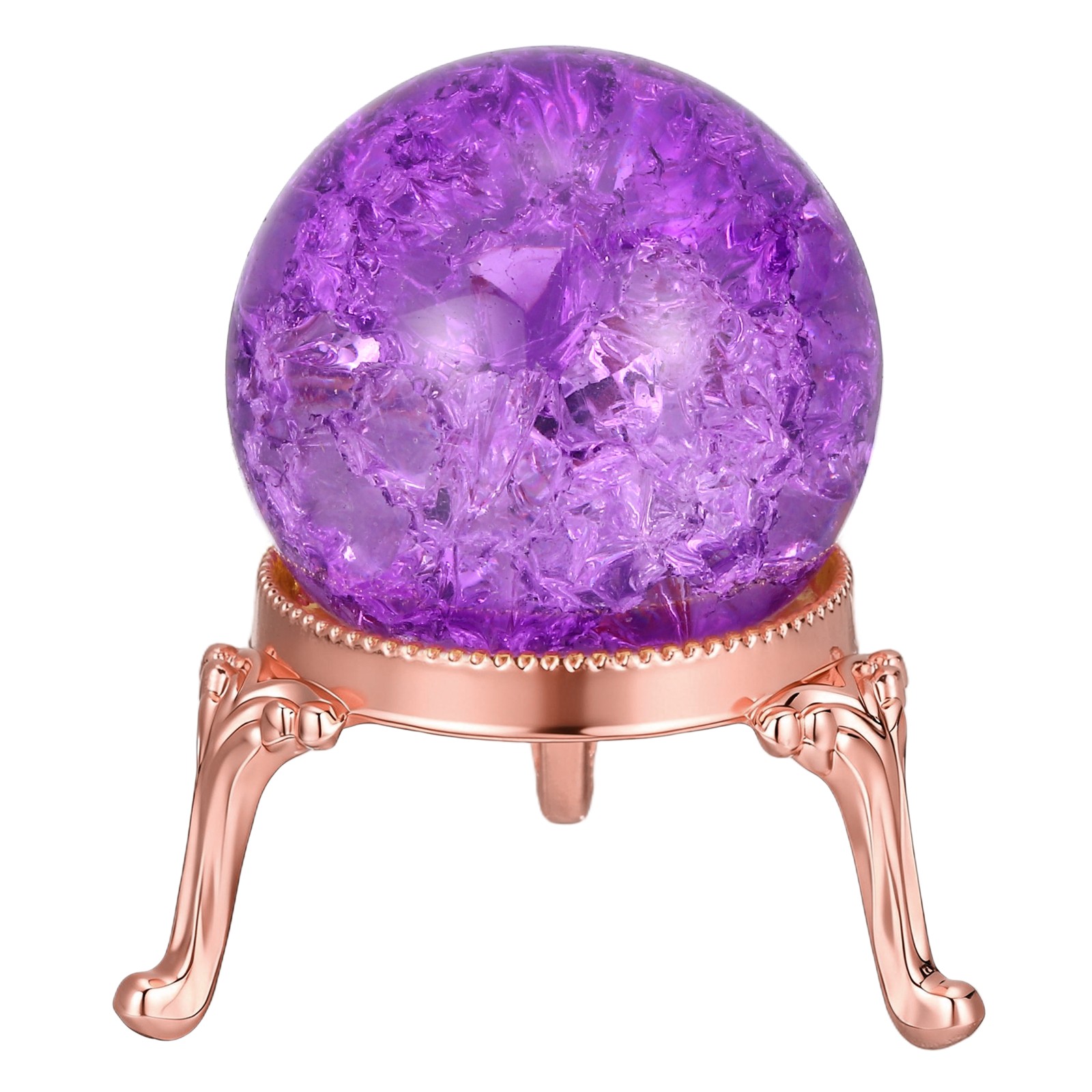 Crystal Ball 40mm, Frosted Glass Ball, Metal Stand, Purple/Pink Gold