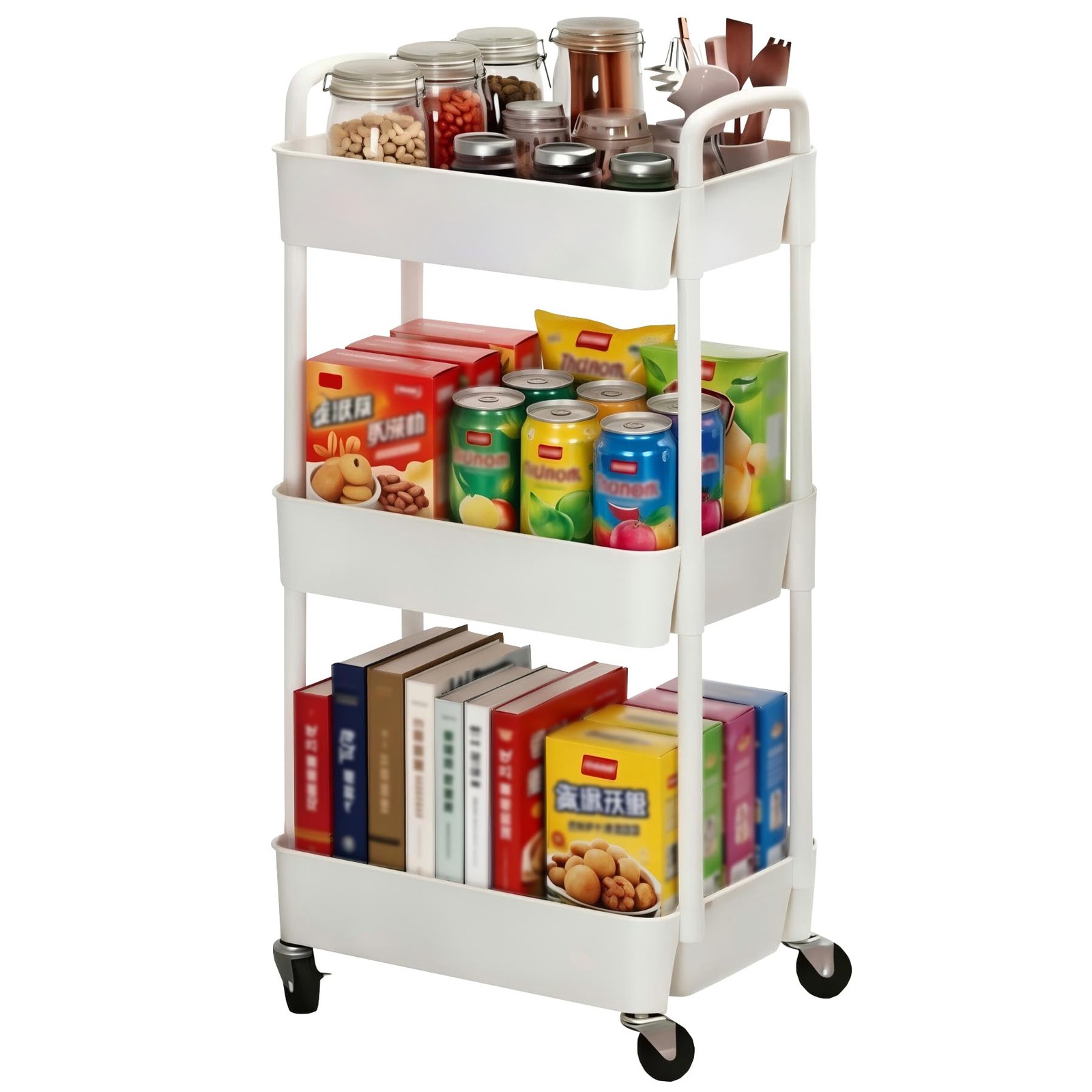 3-Tier Plastic Rolling Utility Cart with Wheels for Storage,White