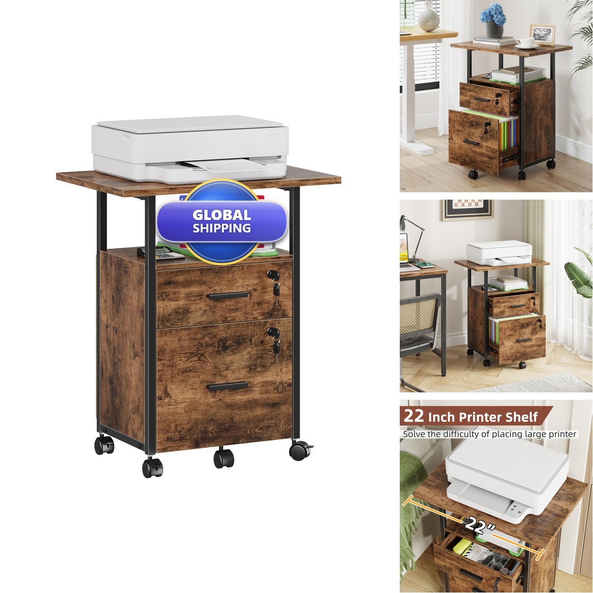 GYIIYUO 2 Wood Drawer Lockable File Cabinet 22'' Extended Desktop