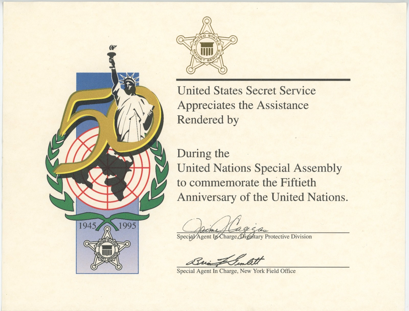 Secret Service Agent UN Pope John Paul Detail 1995 Certificate Bill Clinton