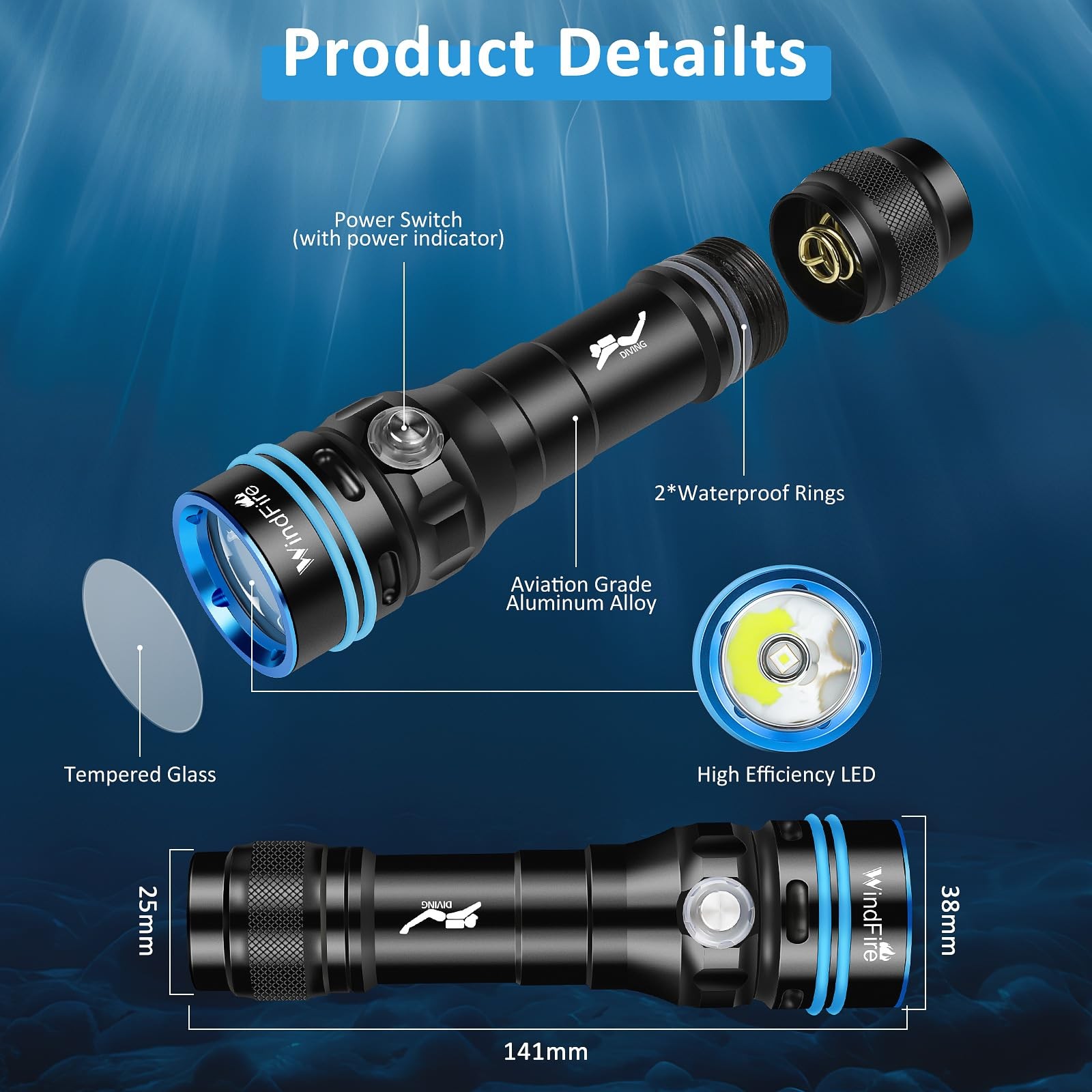 Scuba Diving Flashlight - Super Bright Led Dive Light By Windfire Ipx8