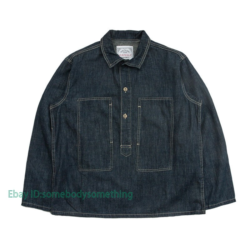 Vintage Mens Spring Summer Blue Denim Work Uniforms Loose Pullover Shirts Jacket