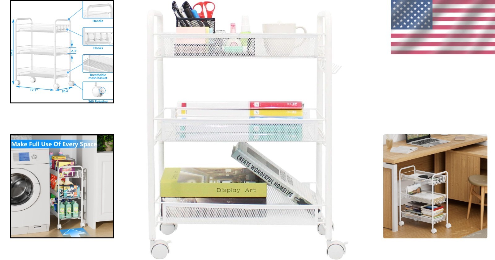 Contemporary Multi-Functional Rolling Cart with 4 Hooks - Modern Home Essentials